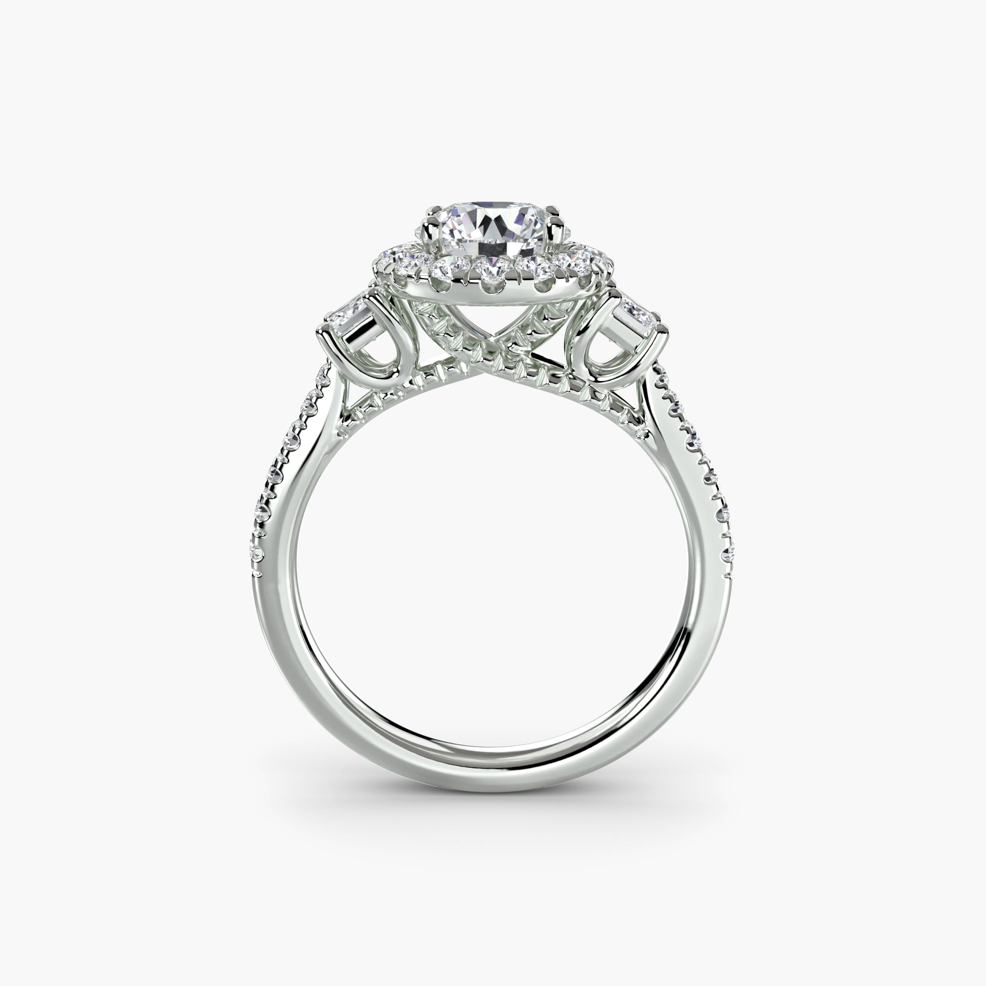 Halo Three-Stone Ring with Pavé Band
