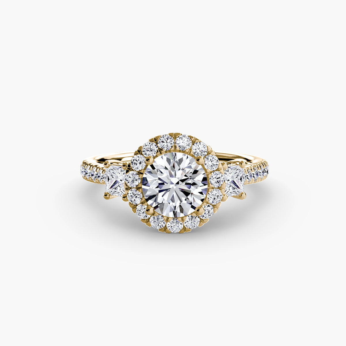 Halo Three-Stone Ring with Pavé Band